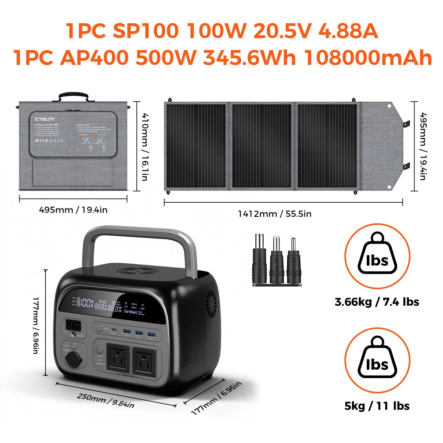 CTOLITY 500W Power Station with 100W Foldable Solar Panel, Pure Sine Wave LiFePO4 Battery, UPS, Outdoor Emergency Power Supply