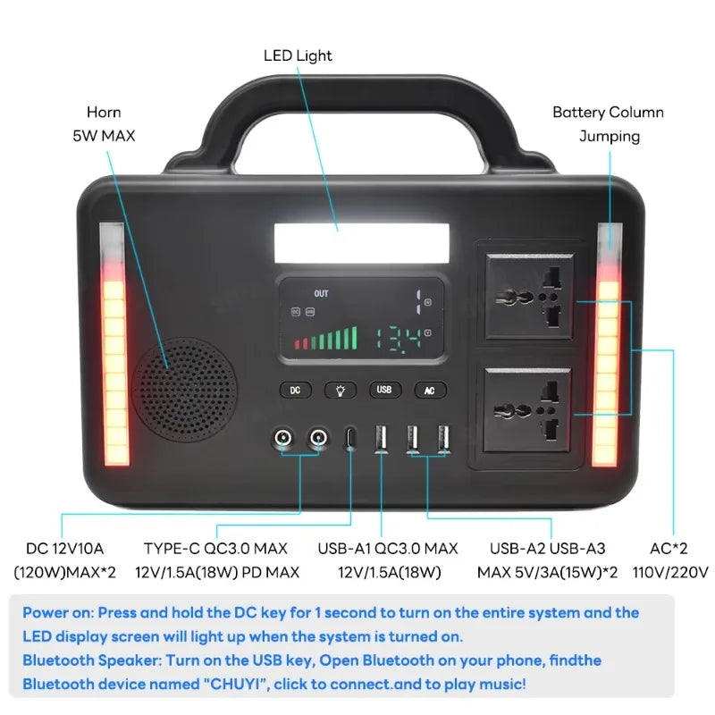 1000W Portable Power Station 220V AC Output, Large Capacity 1000Wh, for Live Streaming Camping Vending Emergency